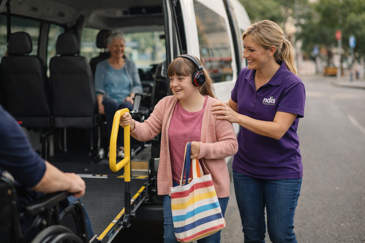 NDIS support worker assisting a participant with travel and independence